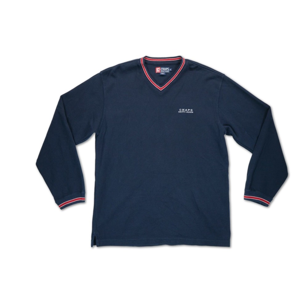 Vintage Chaps Ralph Lauren Sweatshirt V Neck Embroidered Mens XL Blue EUC